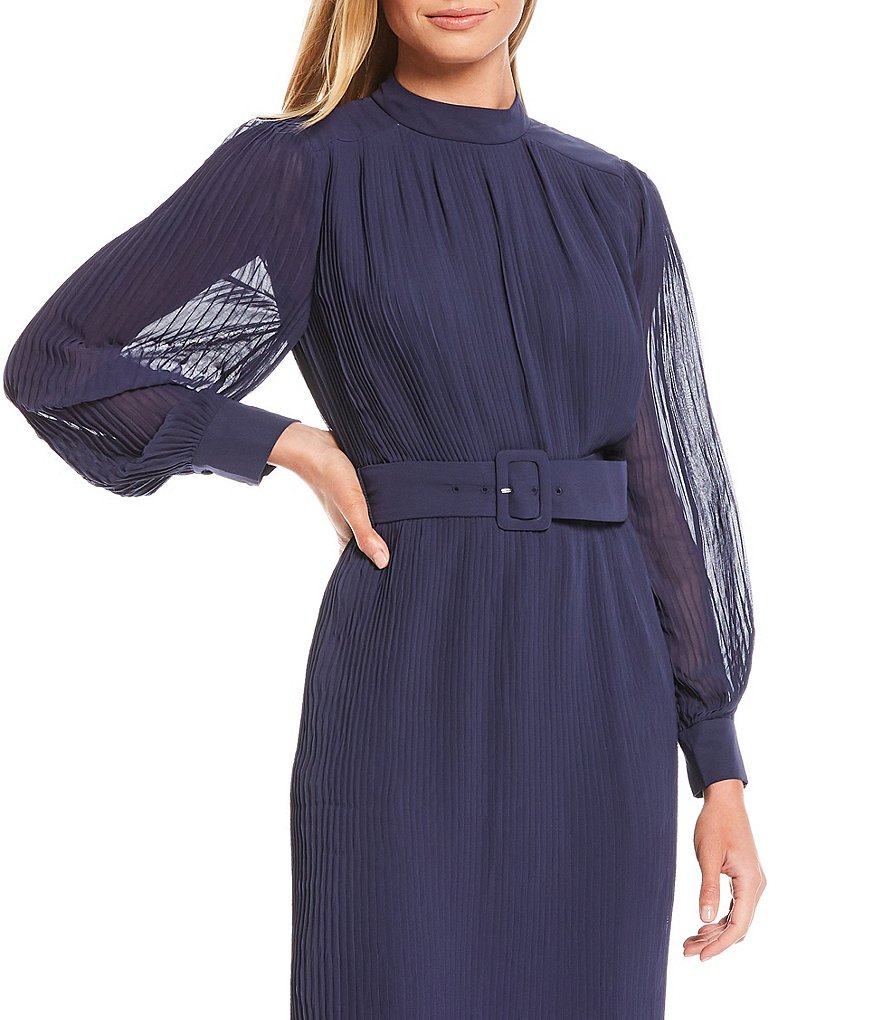 Maggy London Mock Neck Belted Pleated Georgette Long Sheer Sleeve Midi Dress