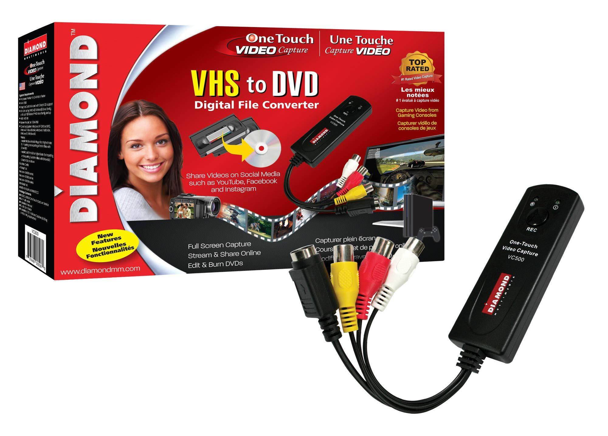 Diamond VC500 USB 2.0 One Touch VHS to DVD Video Capture Device with Easy to use Software, Convert, Edit and Save to Digital Files For Win7, Win8 and Win10