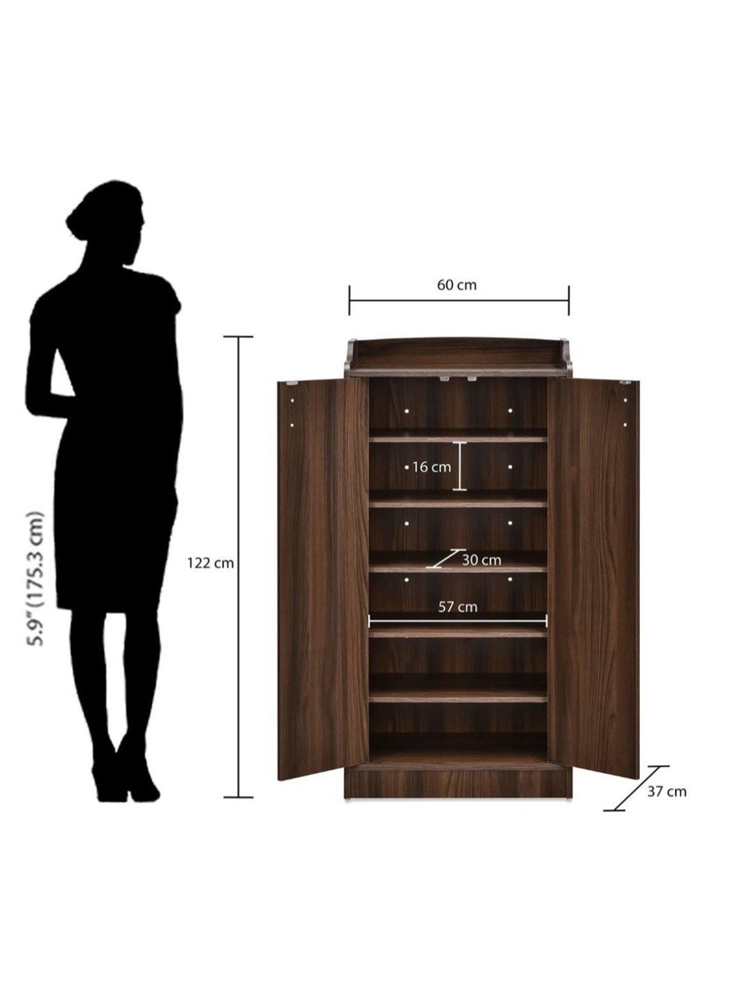 Nilkamal Claymont Walnut Brown Engineered Wood 2 Door Shoe Cabinet with 6 Shelf