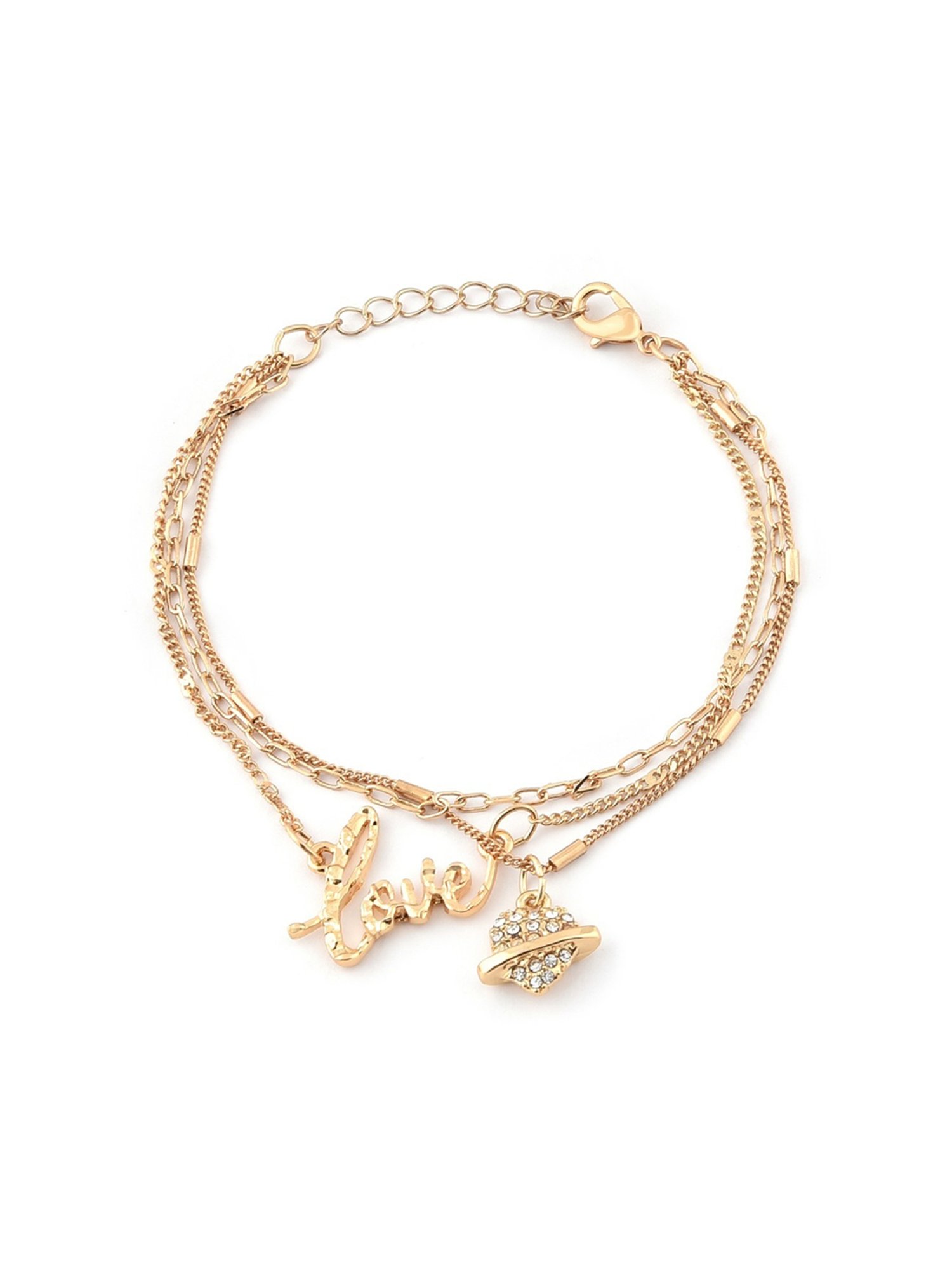 Zaveri Pearls Gold Tone 3 Layers Love Heart Charm Necklace Chain Earring Bracelet Set-ZPFK12077