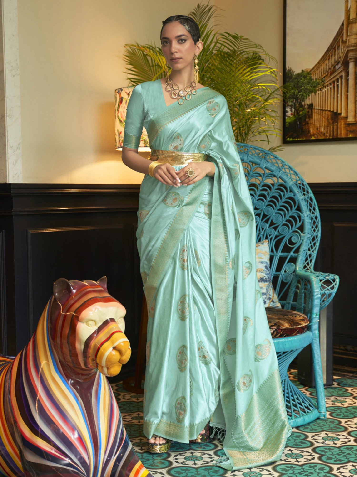 Elora Turquoise Woven Saree With Unstitched Blouse
