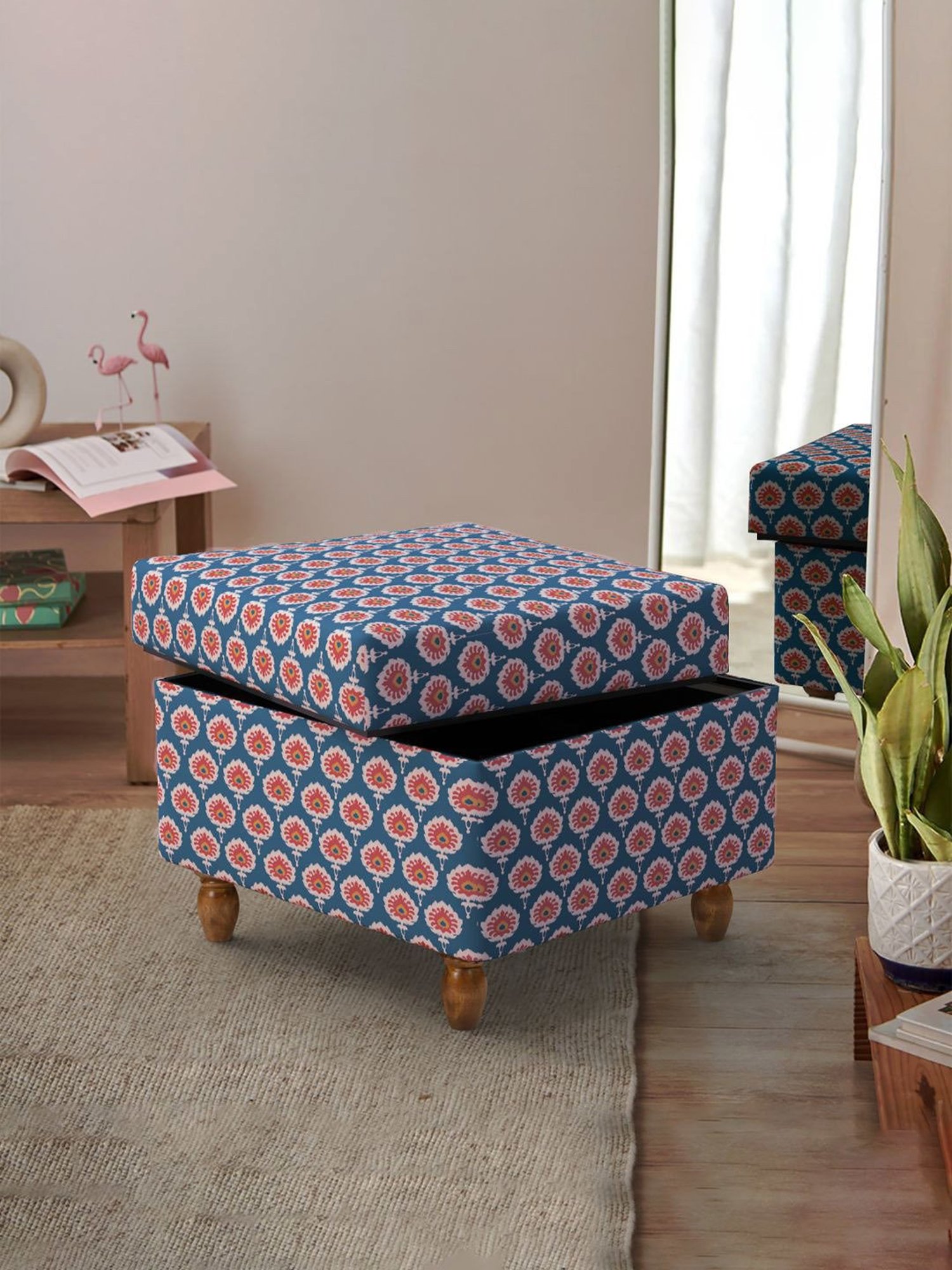 Chumbak Ikat Blue & Pink Mango Wood Modern Trunk Storage Ottoman