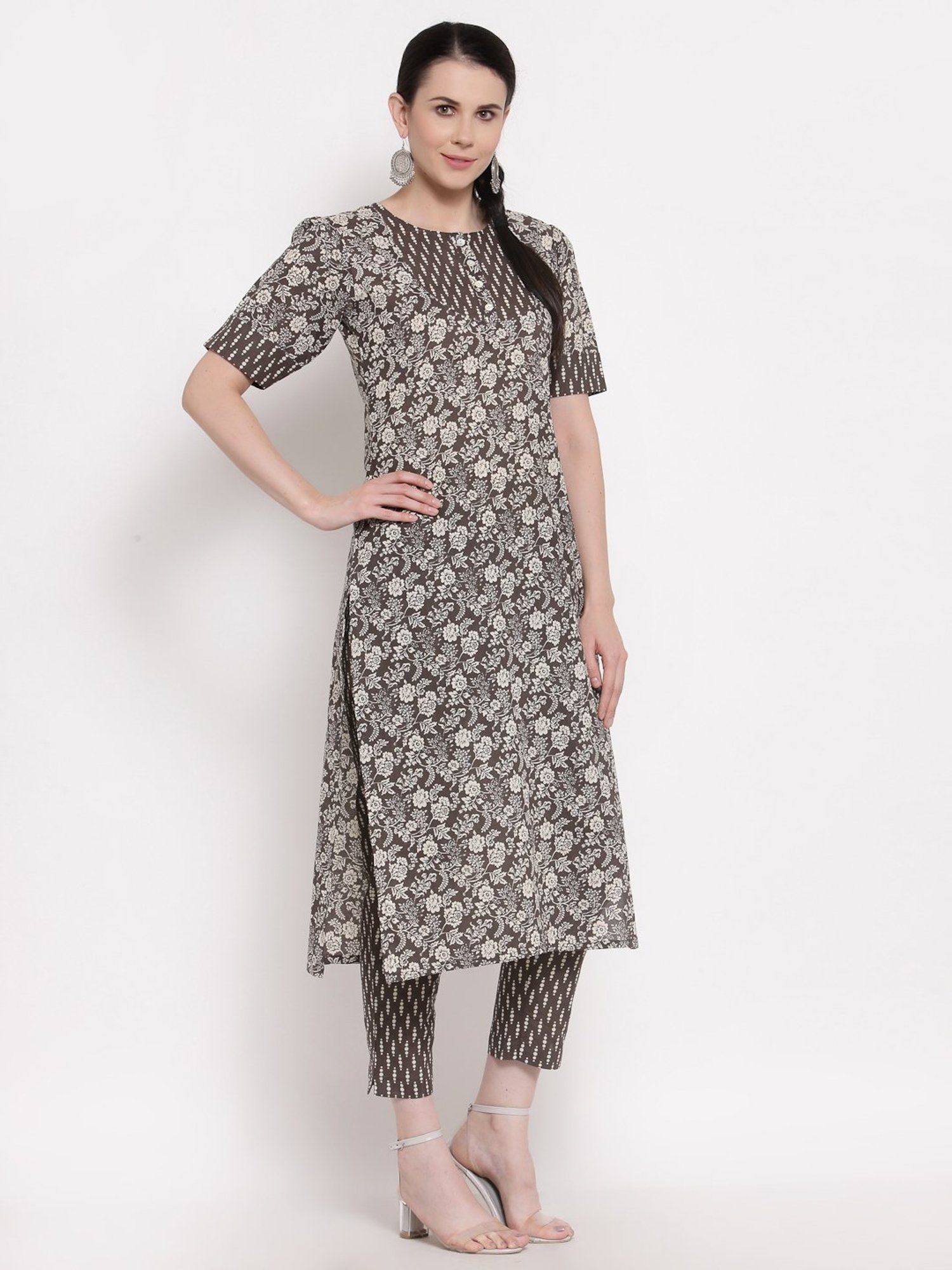 Indibelle Brown Cotton Floral Print Straight Kurta