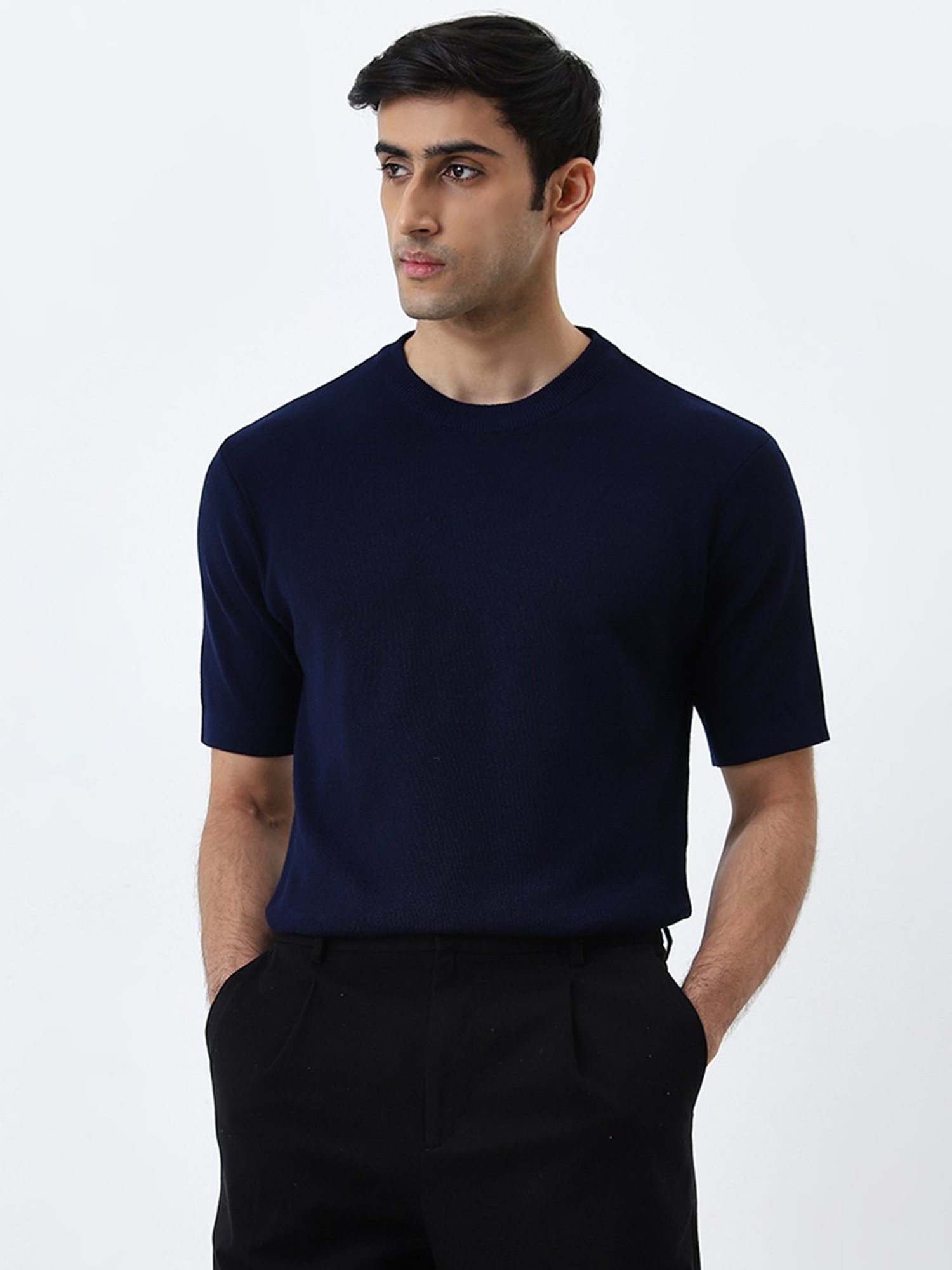 WES Formals by Westside Dark Indigo Solid Slim-Fit Cotton T-Shirt