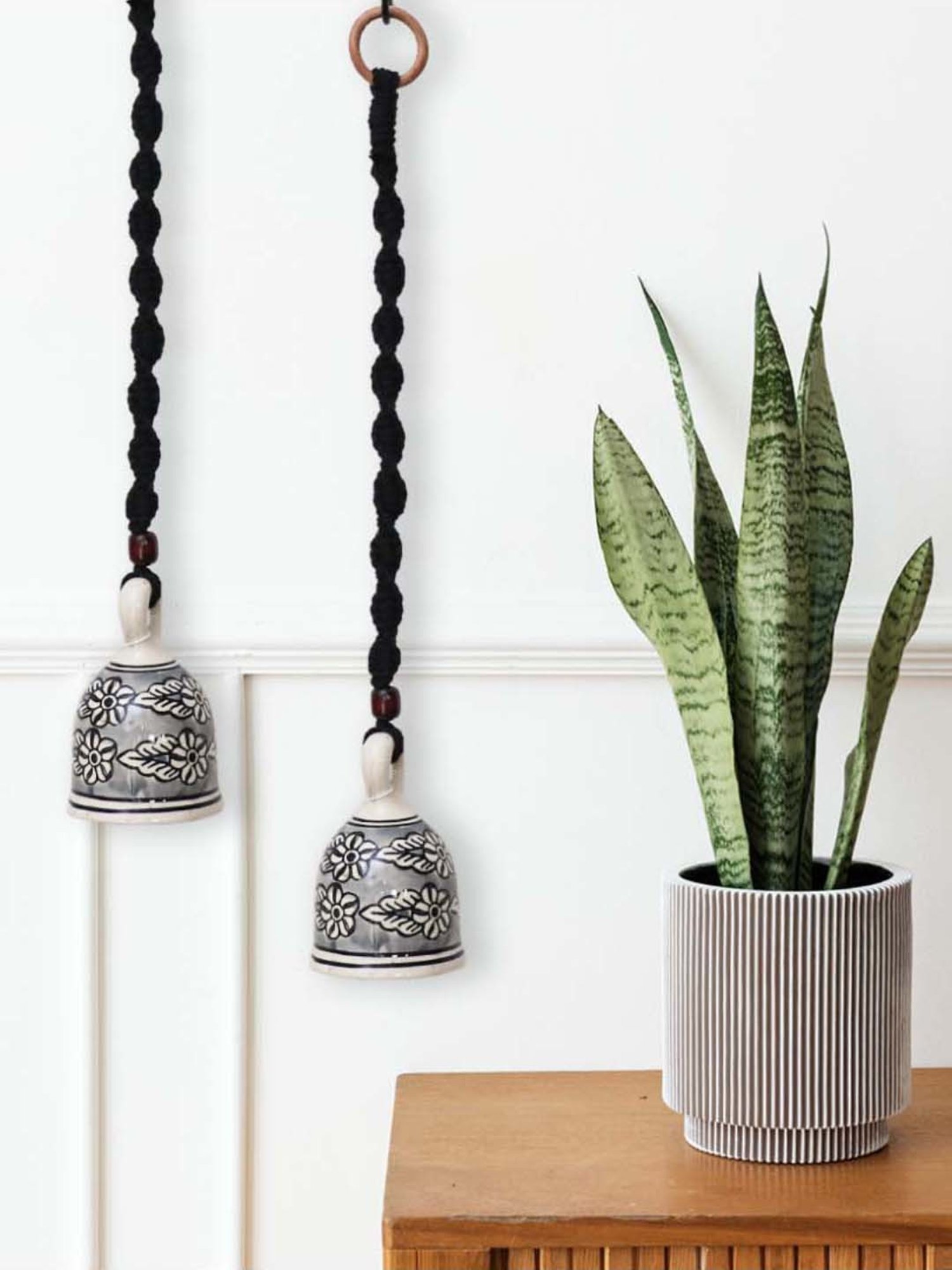 Gathari Black Ceramic Wall Hanging Macrame Bells - Set of 2