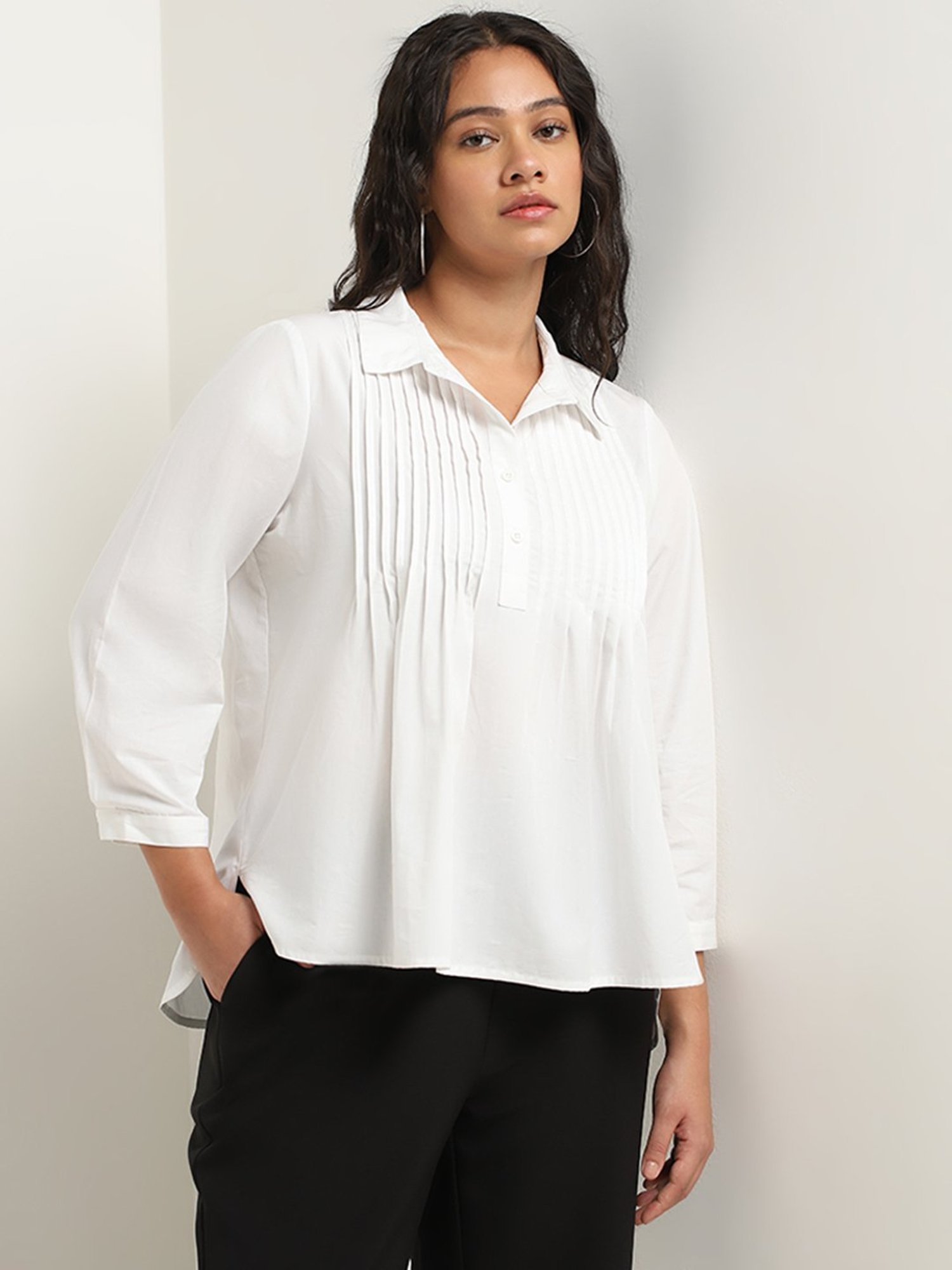 Gia by Westside White Cotton Pintuck Detailed Blouse