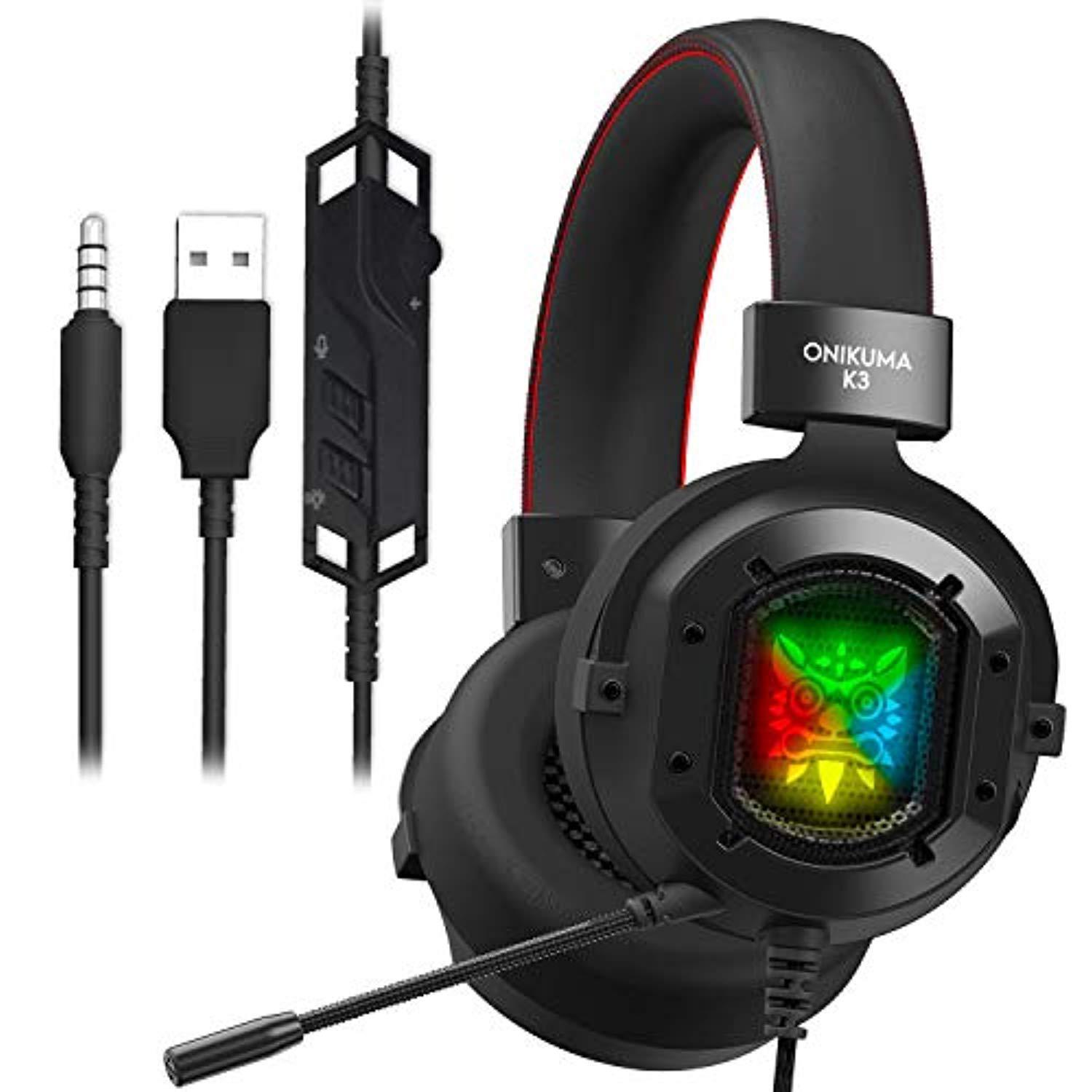 onikuma k3 stereo gaming headset for xbox one, pc, ps4 overear headphones with noise canceling mic, soft breathing earmuffs, led light, mute&volume control for mac laptop tablet smatphone