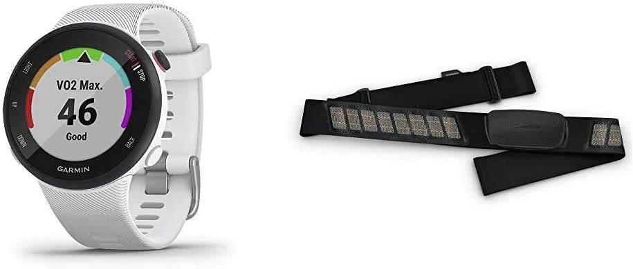 Garmin Forerunner 45S, 39mm Easy-to-use GPS Running Watch with Coach Free Training Plan Support, White & HRM-Dual Heart Rate Monitor