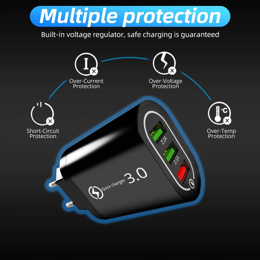 3 Port USB Charger Wall Charger QC3.0 Quick Charger EU US Plug Charging Adapter Phone Charger For Xiaomi Huawei Samsung