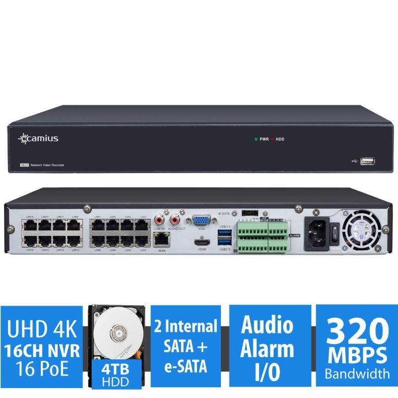 Camius 4K 16 Channel NVR security system with 8 x 5MP Dome & Bullet IP PoE Cameras  with a built-in microphone, 100ft night vision, 2 SATA - SOLD without HDD - 320 Mbps, PC, Mac, phone view - 16PP4B4I