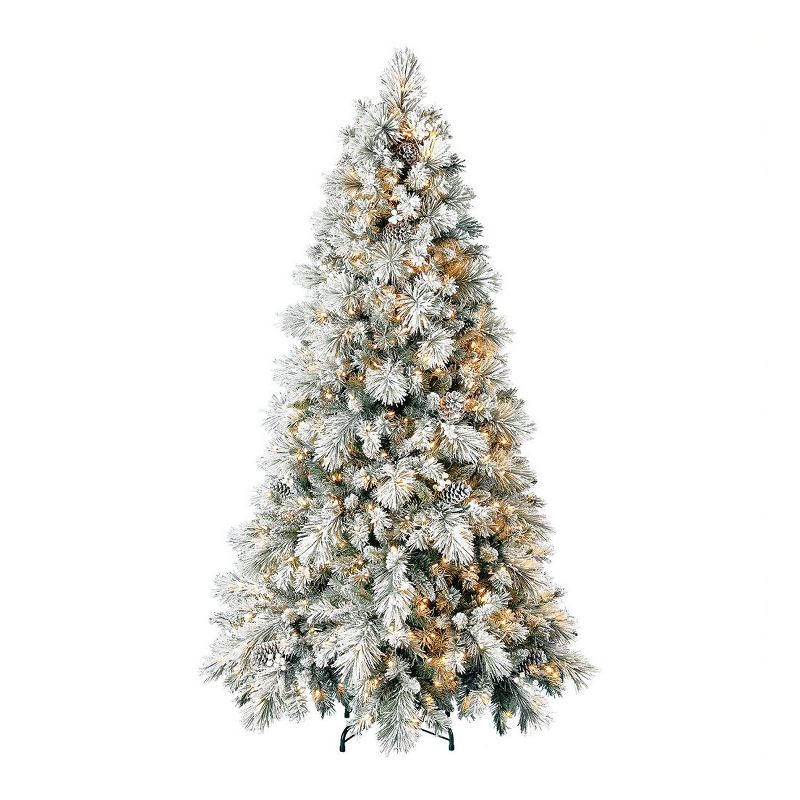 Home Heritage 6.5 Foot Snowdrift Snow Flocked Quick Set Pine Prelit Artificial Christmas Tree w/ Clear White Lights, Pinecones, Berries, & Metal Stand