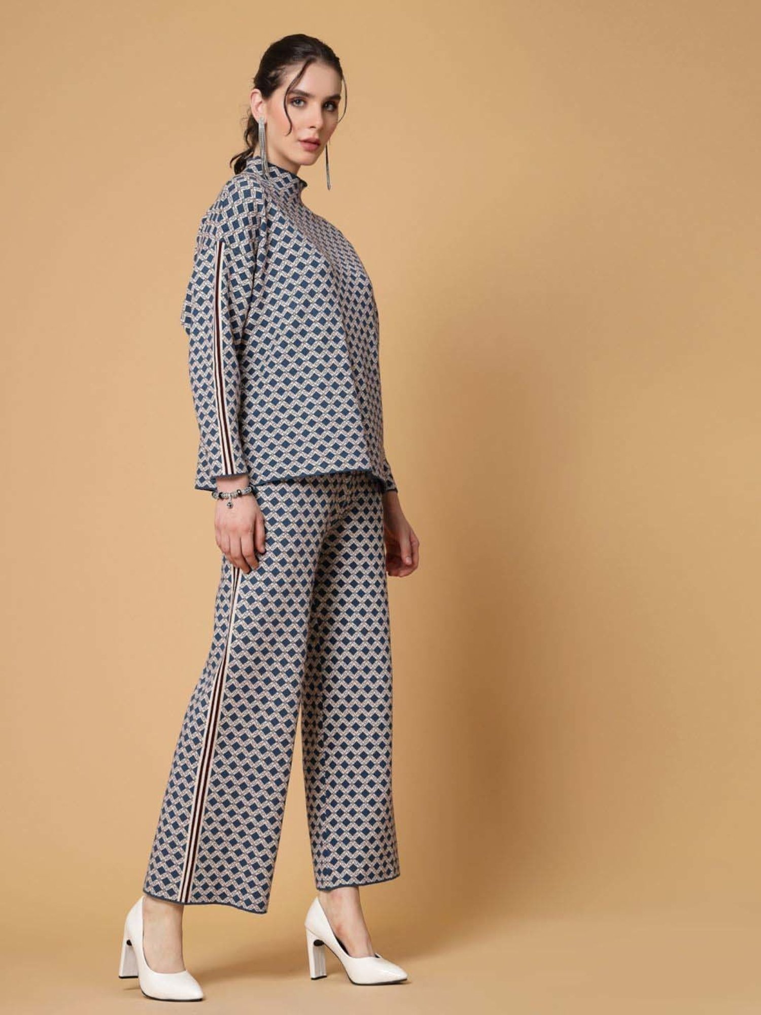 Mafadeny Blue Printed Top Pants Set