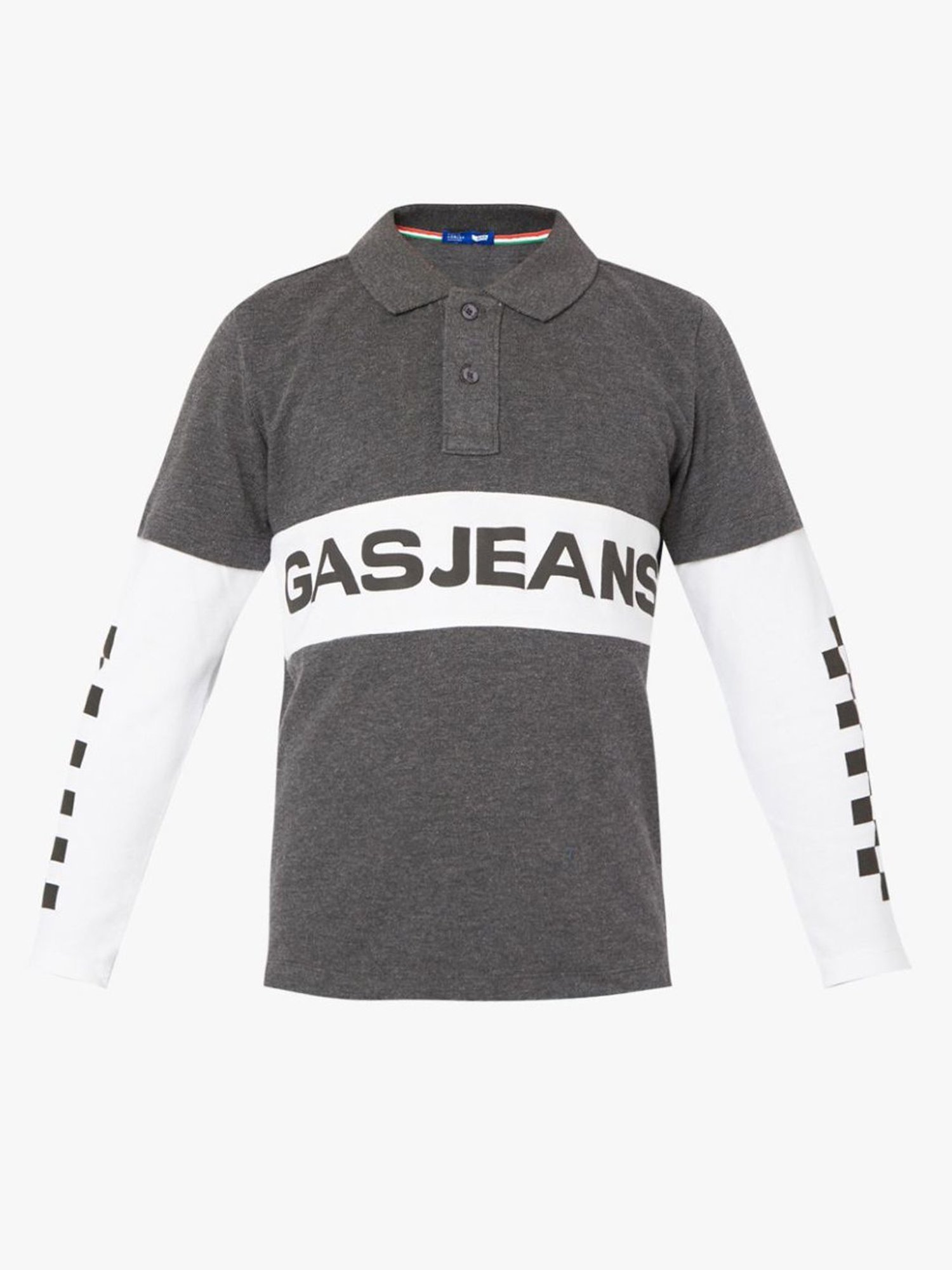 GAS Boys Grey & White Cotton Color Block Full Sleeves Polo T-Shirt