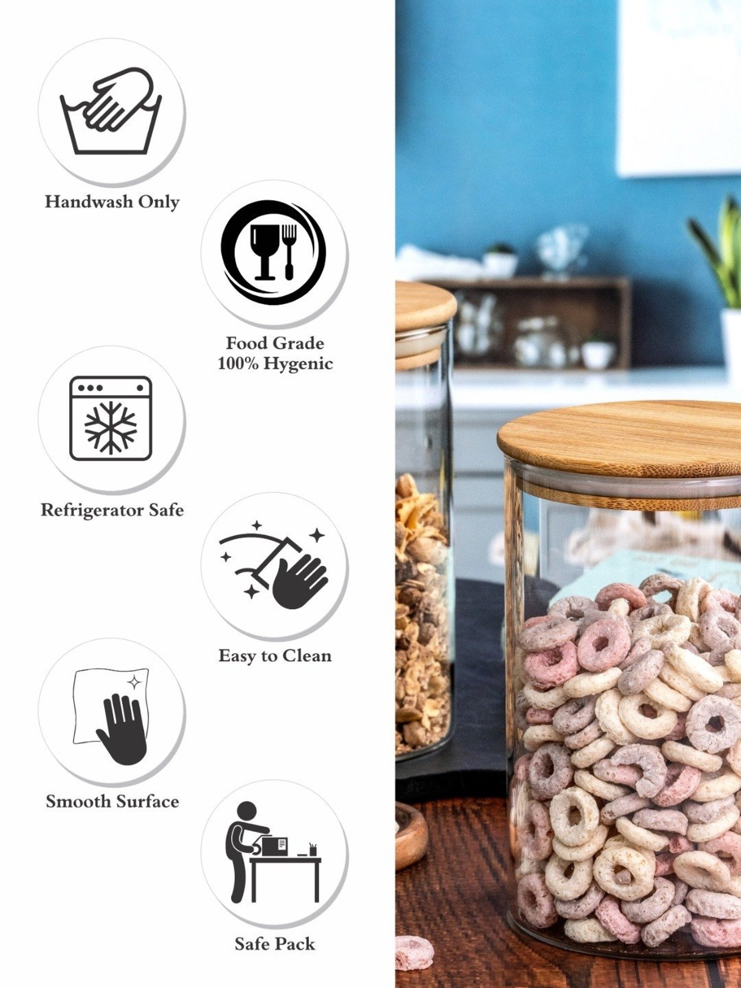 Goodhomes Transparent Glass Storage Jar with Wooden Lid - Set of 2