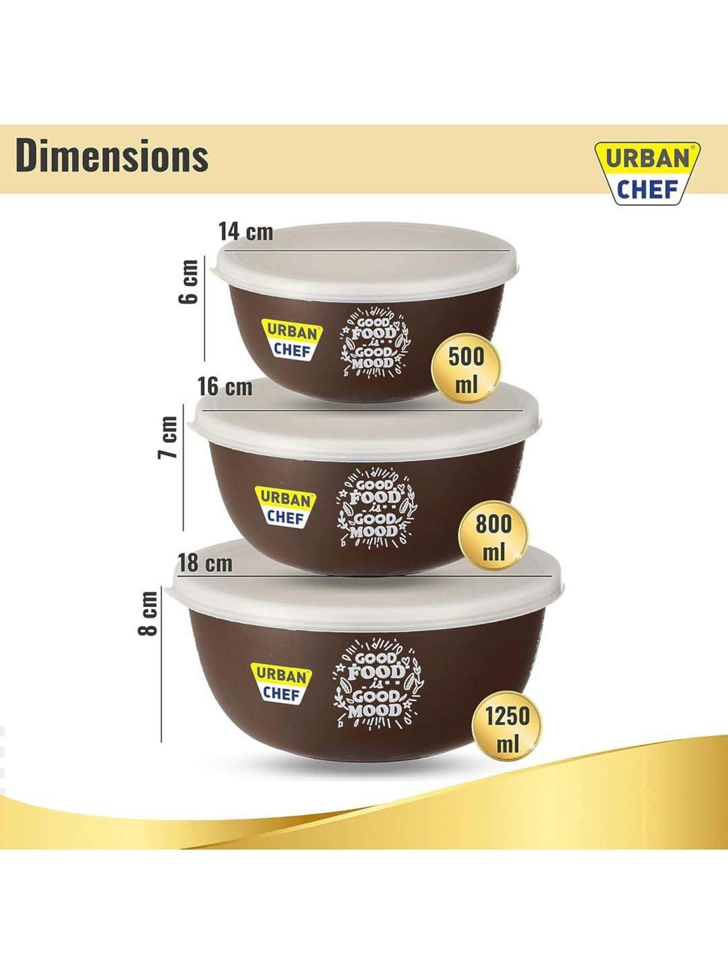 Urban Chef Brown Stainless Steel Microwave Safe Serving Bowl With Lid - Set of 3