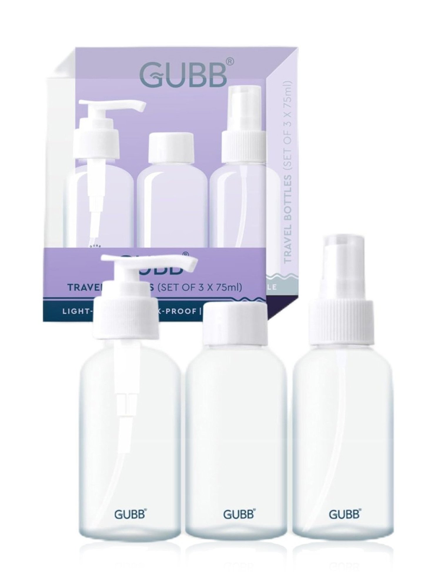 GUBB Travel Bottle Set for Toiletries - Spray Bottle, Pump Bottle & Cap Bottle