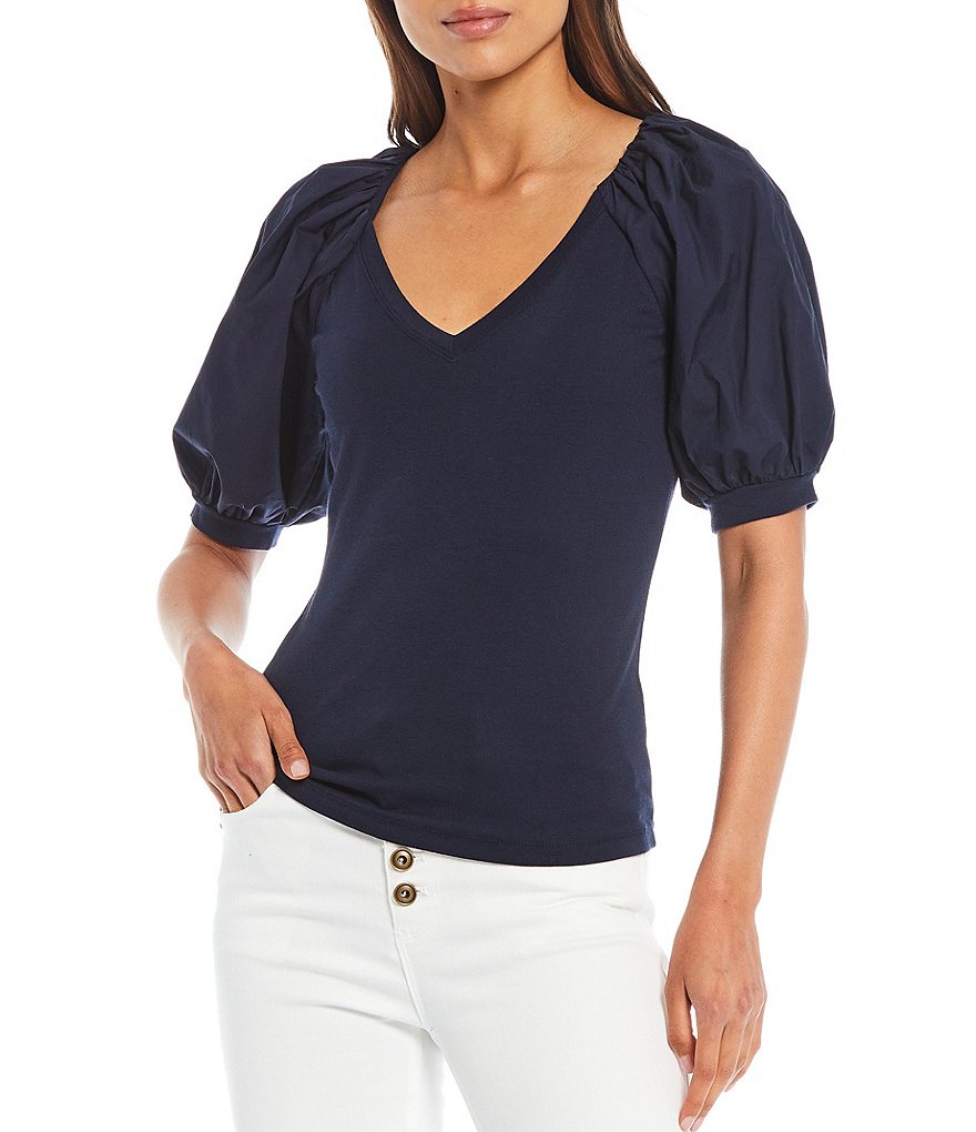 A Loves A V-Neck Balloon Sleeve Mixed Media Tee