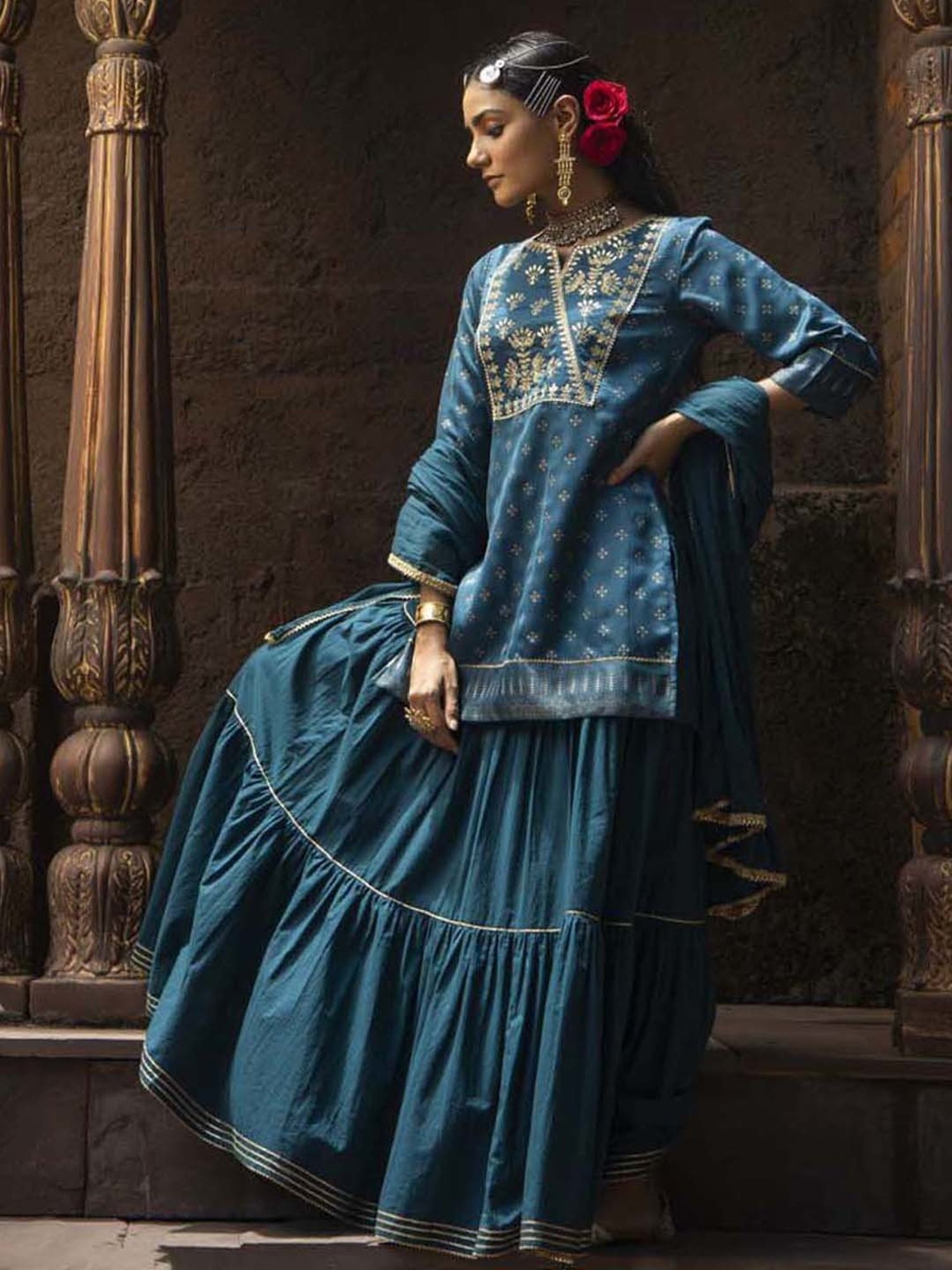 Juniper Teal Ethnic Motif Printed Satin Slub with Zari Embroidery Kurta Sharara & Dupatta Set