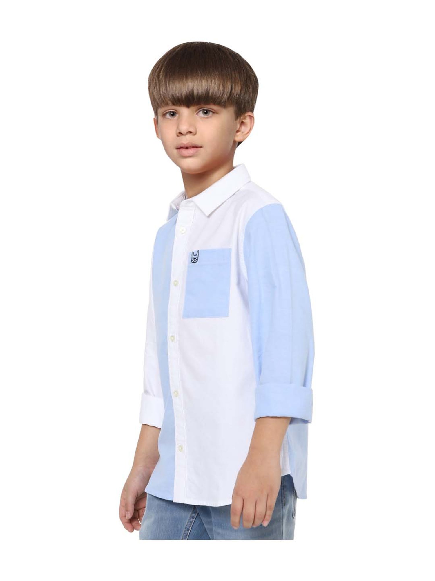 Jack & Jones Junior Boys White & Blue Cotton Color Block Print Shirt