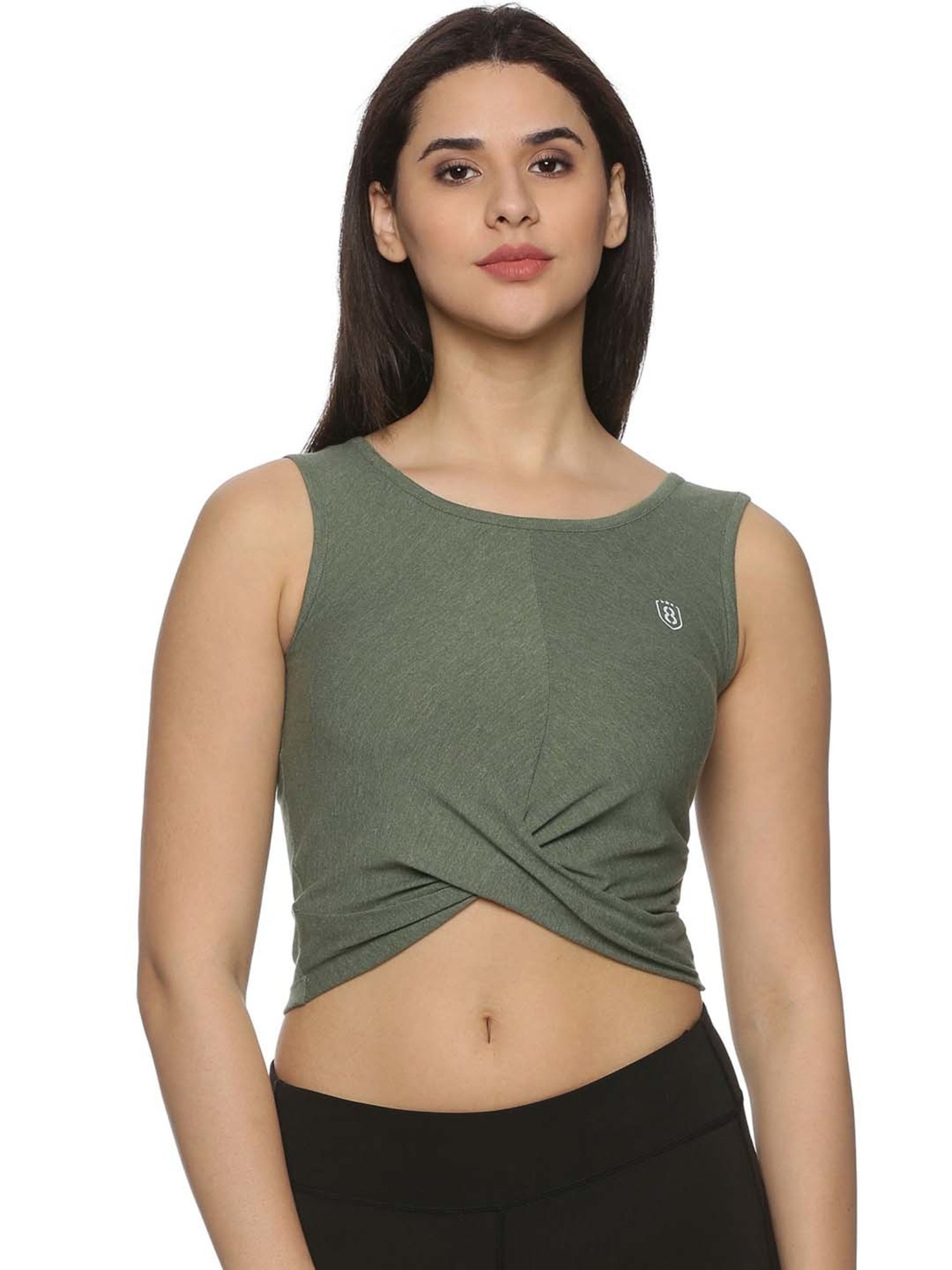 Domin8 Women Upf Sun Protection Eco Friendly Yoga Sleeveless Cross Crop Tank Top(Forest green)