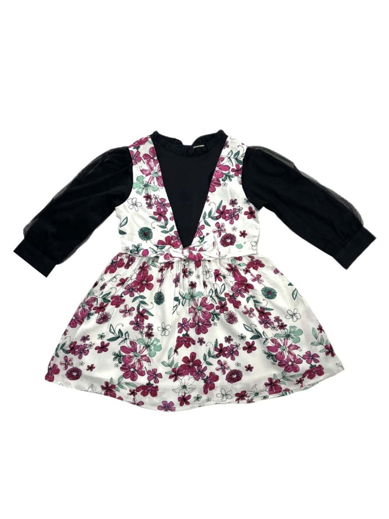 Bella Moda Kids White & Black Cotton Floral Print Full Sleeves Dress