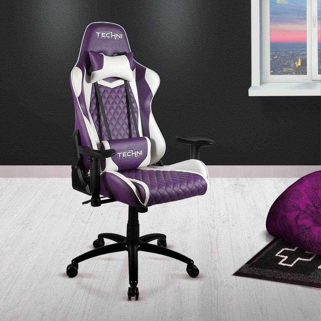 Gaming Chair - Techni Sport TS-5200 PURPLE w/ WHITE Accents - Ergonomic High Back Racer Style PC / Console Video Gaming / Study