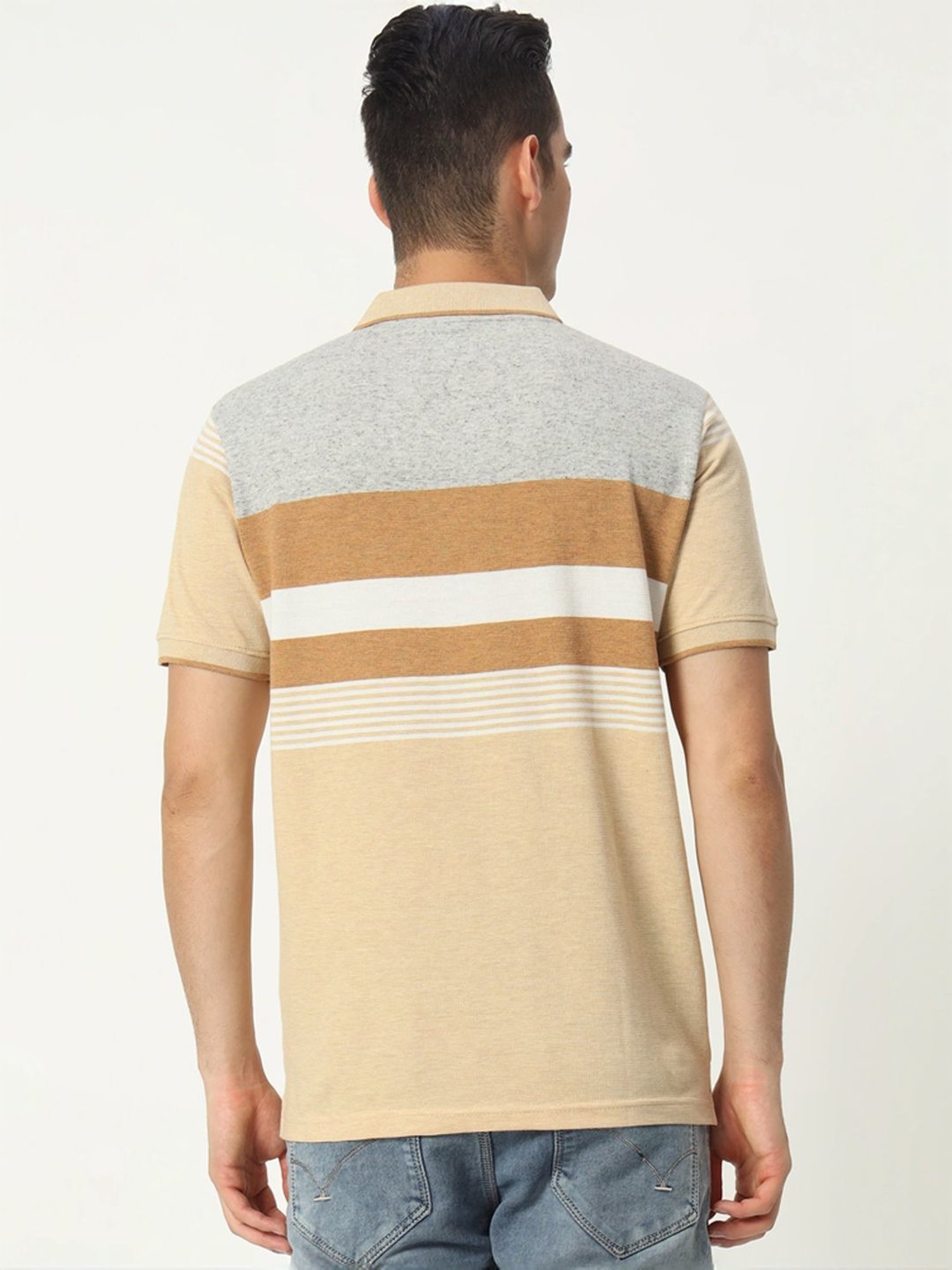 Tab91 Beige Regular Fit Striped Polo T-Shirts