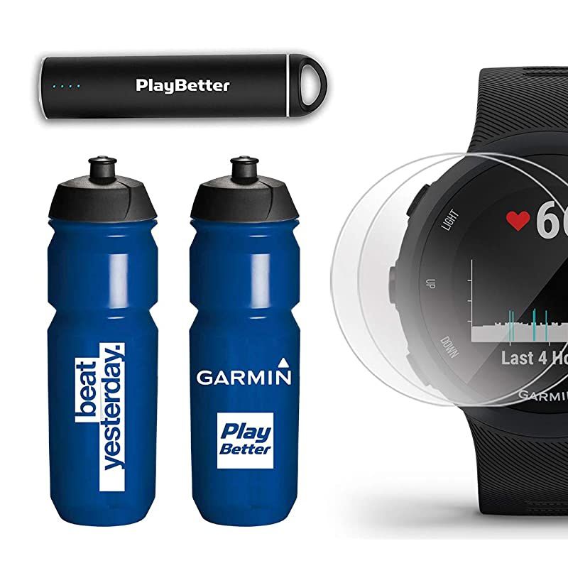 Forerunner 45 GPS Running Watch Runners Bundle | Includes Water Bottle, Portable Charger & Screen Protectors | Heart Rate Watch | Pace, Distance, Stress Tracking | Lava Red, 010-02156-06