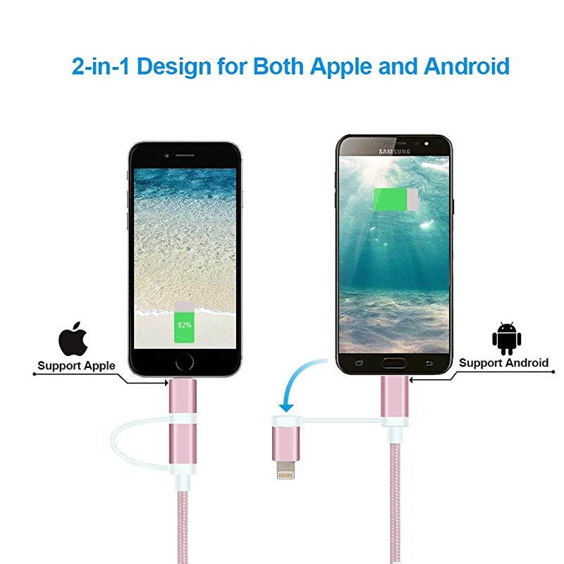 Short 0.8FT 2-in-1 Lightning and Micro USB Cable, [MFi Certified] Braided iPhone & Android Charging Sync Cord Compatible iPhone 12, 11, X, 8, 7, iPad, Samsung, LG, HTC, Space Gray