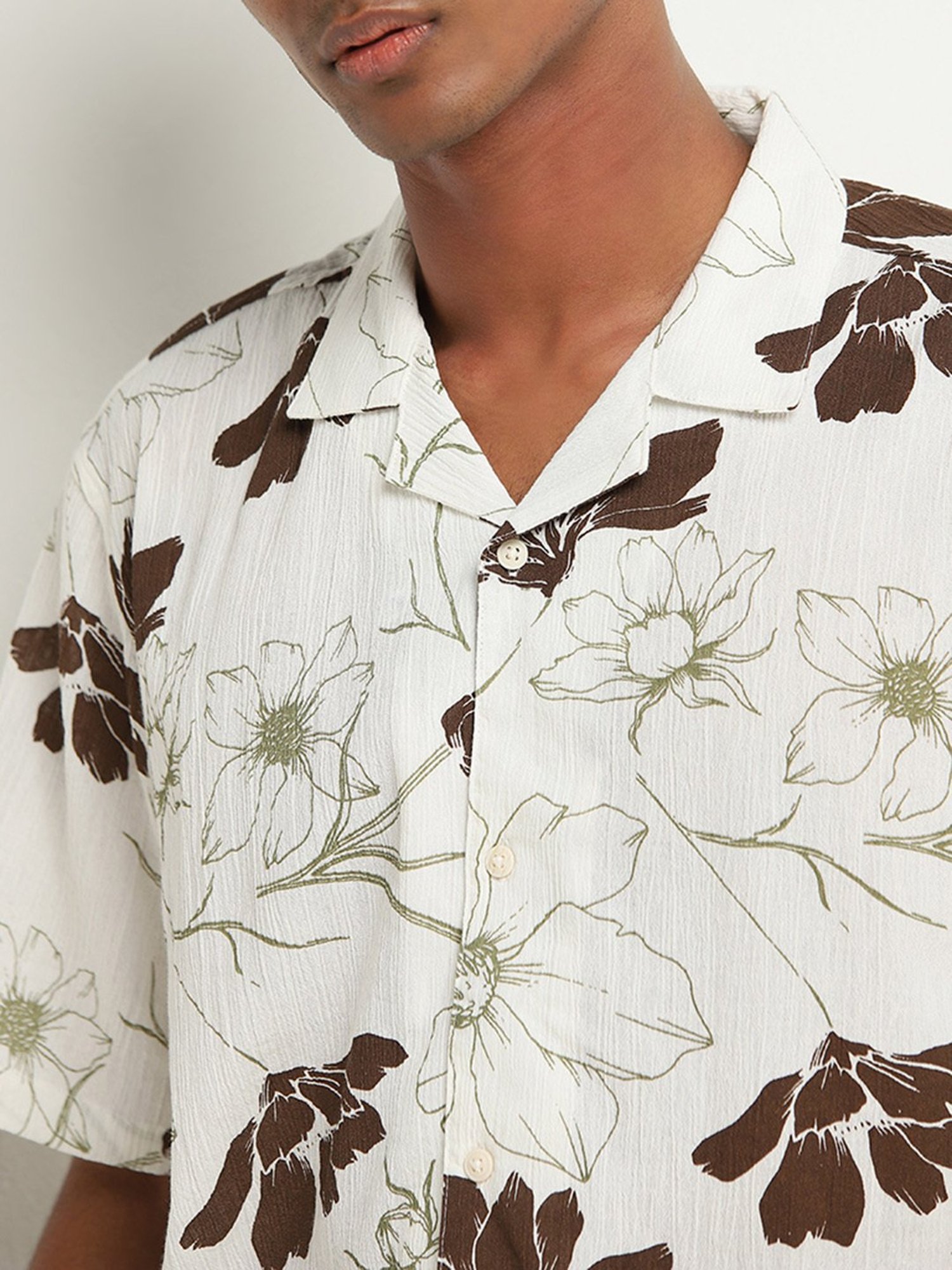 ETA by Westside Off-White Floral Patterned Relaxed-Fit Cotton Shirt