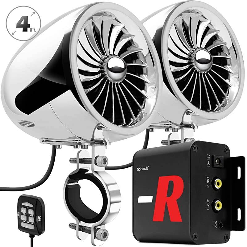 TN4-R Amplifier 4" Full Range Waterproof Bluetooth Motorcycle Stereo Speakers 1 to 1.5 in. Handlebar Mount Audio Amp System Harley Touring Cruiser ATV UTV RZR, AUX, FM Radio (TN4-R Chrome)