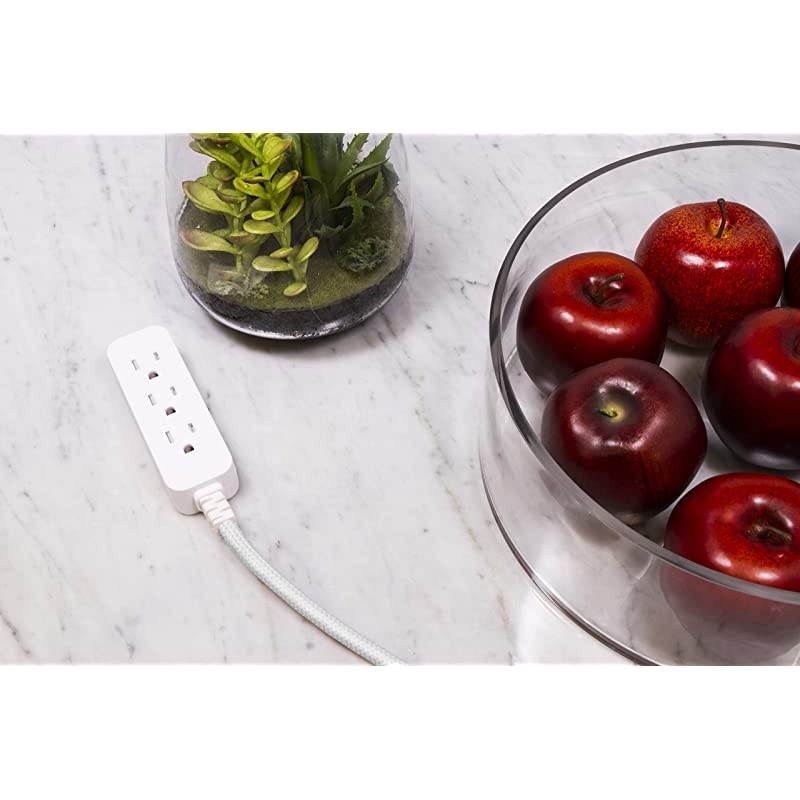 White, Designer 1 Ft. Power Strip, 3 Grounded Outlets, Flat Plug, Mini Cord, Premium, 45190, 6 Inch