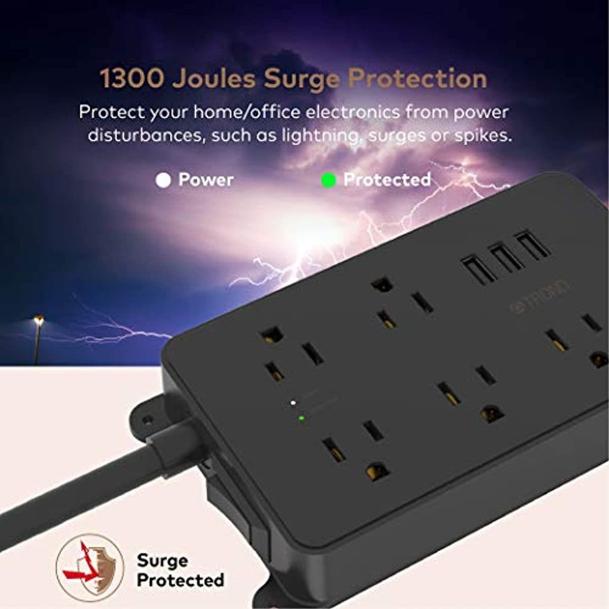 Power Strip with USB, TROND Surge Protector Flat Plug with 5 Widely-Spaced Outlets, ETL Listed, 1300 Joules, Wall Mountable 5ft Extension Cord, for Kitchen Garage Laundry Room Behind TV, Black