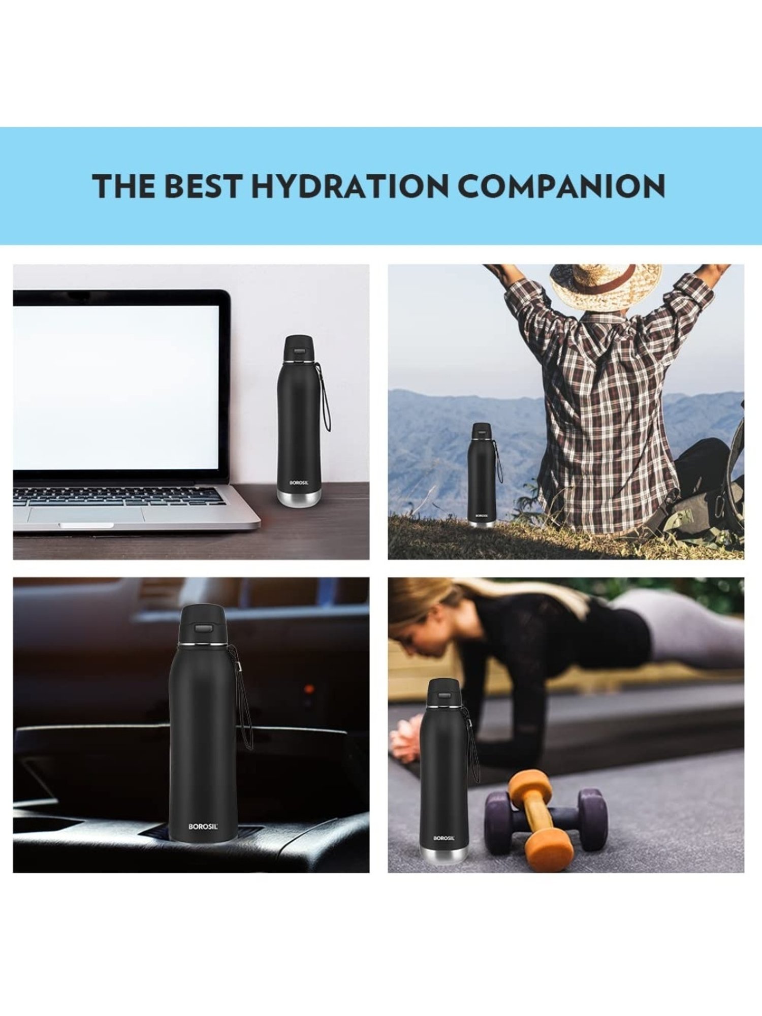 Borosil Black Stainless Steel Double Wall Vaccum Insulated Water Bottles (600ml)