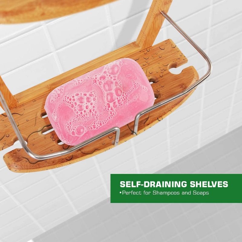 SereneLife SLSHCD45 2 Tier Natural Bamboo Stainless Steel Shower Caddy Bathroom Organizer with 2 Self Draining Shelves and Mounting Hook (2 Pack)