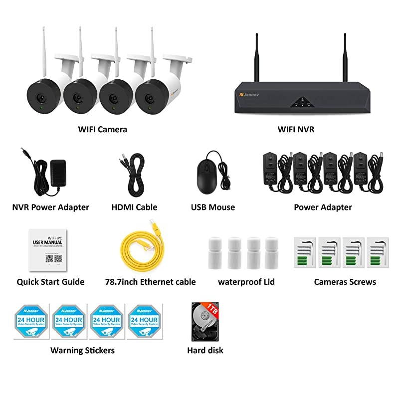 Wireless Security Camera System, Security Camera System Wireless with 4PCS HD 1080P(2.0 Megapixel) WiFi Indoor/Outdoor Bullet IP Camera,1TB HDD Pre-Install,Motion Detection Free App