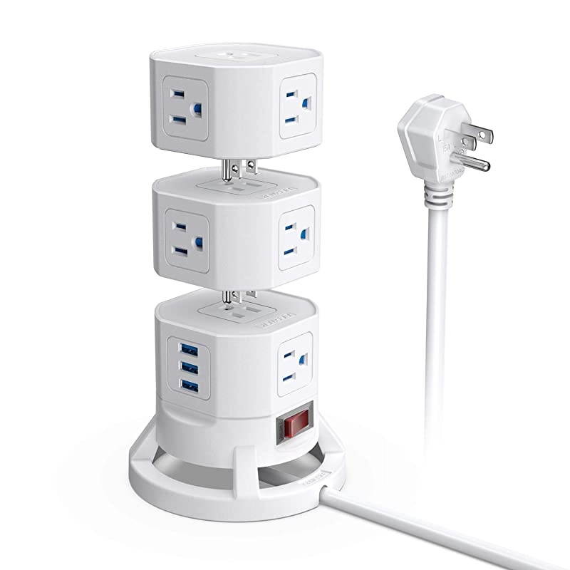 12 Outlets Power Strip Tower with 3 USB Ports Stackable Design Extend to 14 AC Outlets for PC Laptop Mobiles6 Feet Extension CordWhite