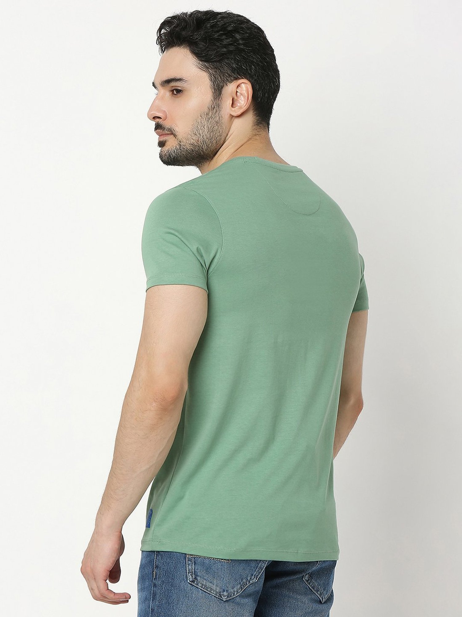 UnderJeans by Spykar Green Regular Fit Printed Cotton Crew T-Shirt