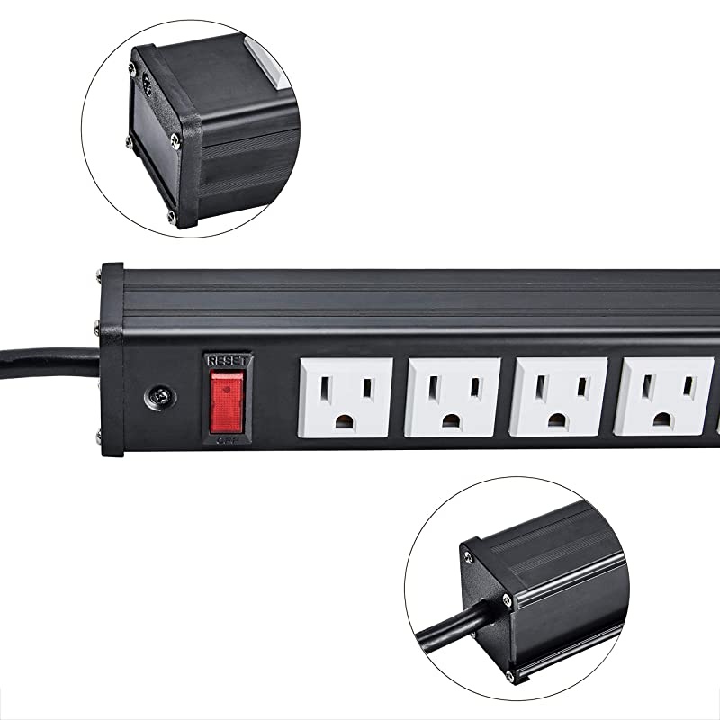 Rack Mount Power Outlet 16 Outlet Heavy Duty Aluminum Socket AntiThunder Power Strip with 15Foot Extension Cord Surge Protector Duty Multi Plug Outlet with Smart Circuit Breaker White