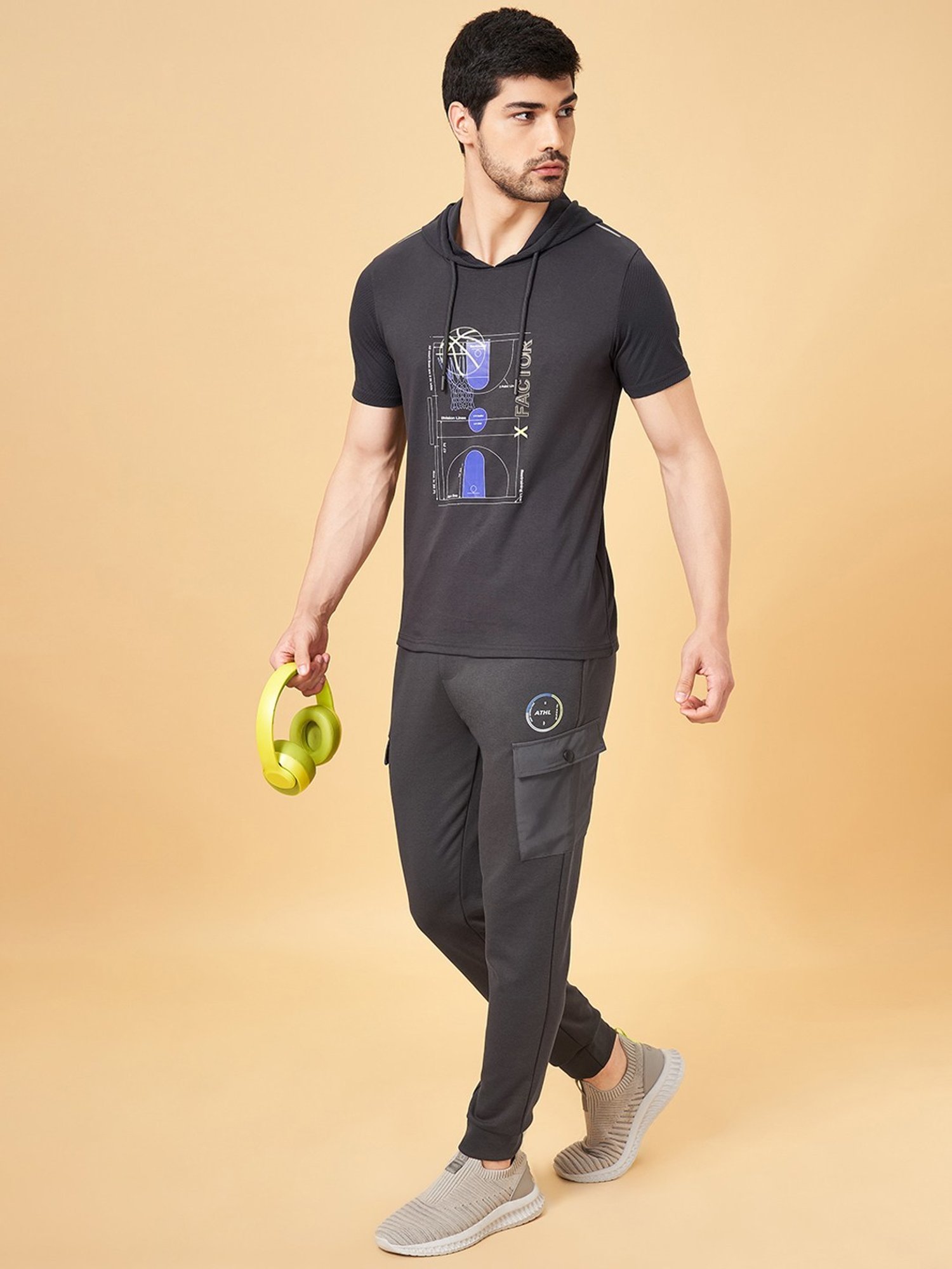 Ajile By Pantaloons Castor Gray Slim Fit Printed Hooded T-Shirt