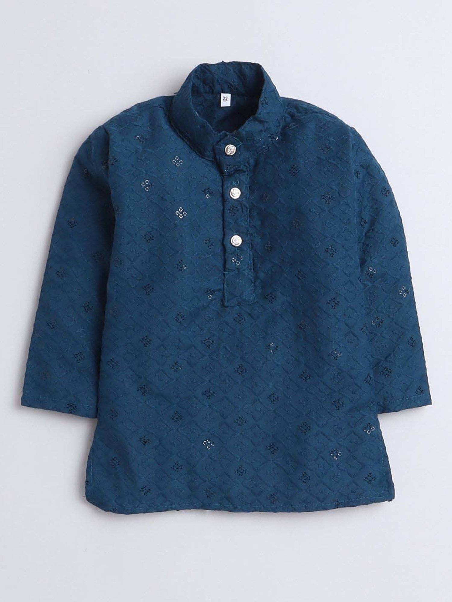 Fourfolds Boys Turquoise Cotton Embroidery Full Sleeves Kurta Set