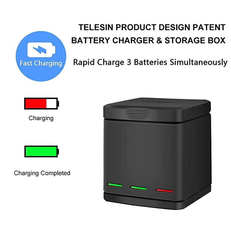 3-Pack Replacement Batteries and Triple Charger for GoPro Hero 8 Hero 7 Black Hero 6 Hero 5 Black Hero (2018) Camera, with Go Pro Small Carry Case, Lens Cover, Lens Protector, 3 Battery Case