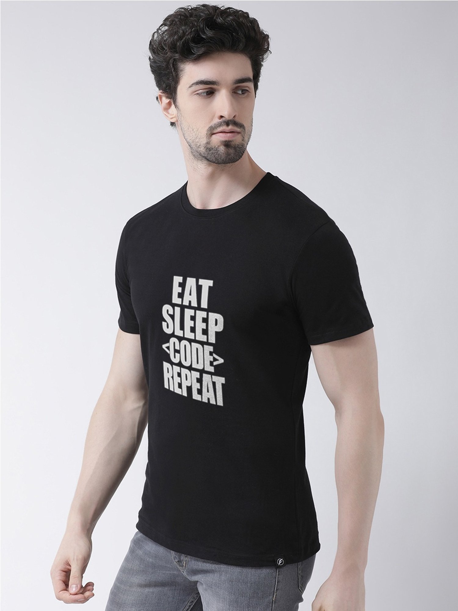 Friskers Black Cotton Slim Fit Printed T-Shirt