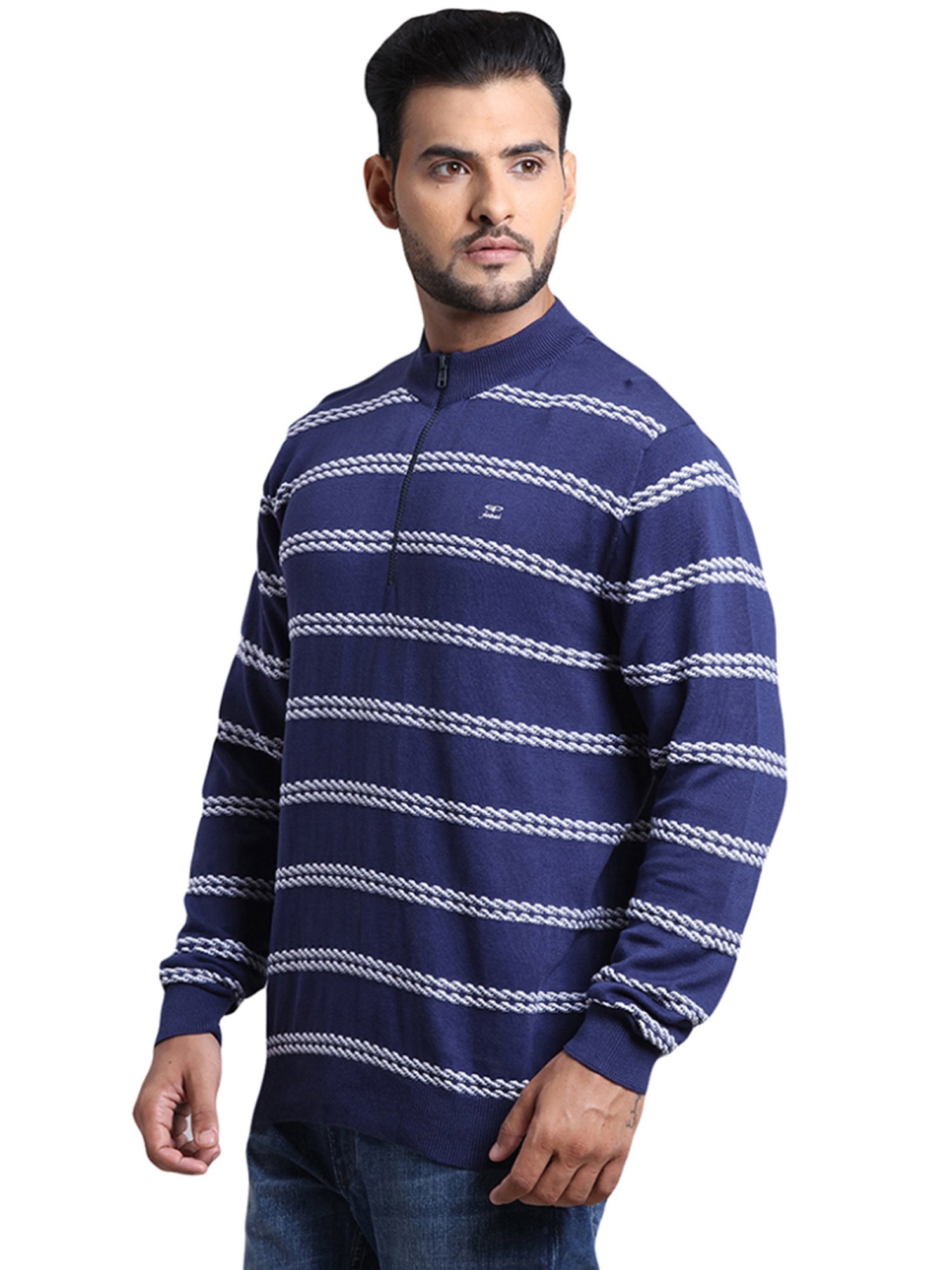 ColorPlus Blue Cotton Tailored Fit Striped Sweater