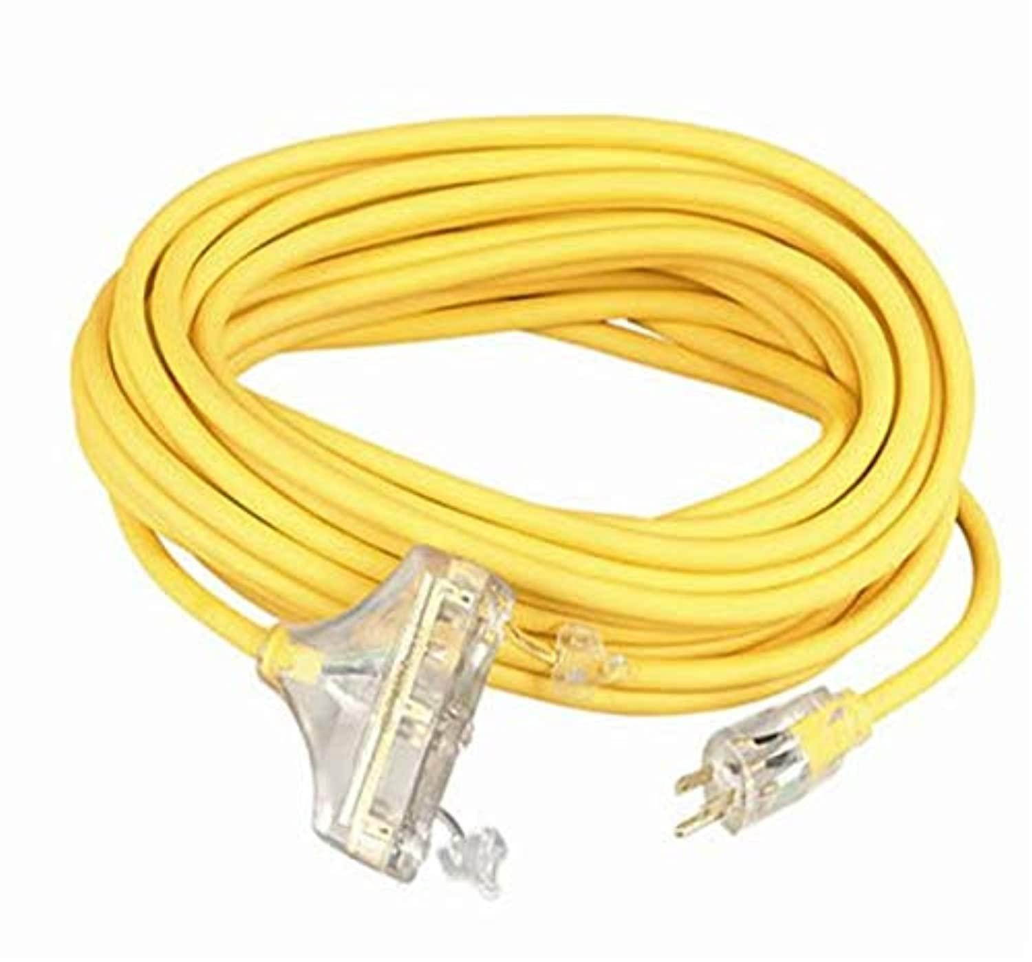 coleman cable 03487 12/3 seow 600-volt all-weather tri-source yellow extension cord with lighted end, 25-ft