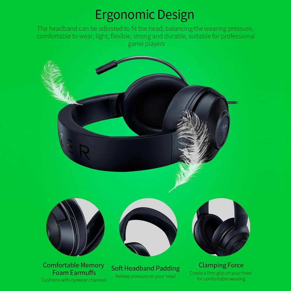 Razer Kraken X-Mercury Gaming Headset 7.1 Surround Sound Headset with Bendable Cardioid Microphone 40mm Driver Unit