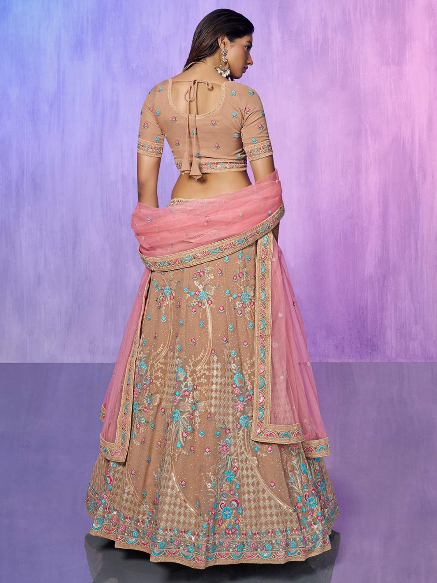 Odette Beige Embroidered Semi Stitched Lehenga Blouse Set With Dupatta