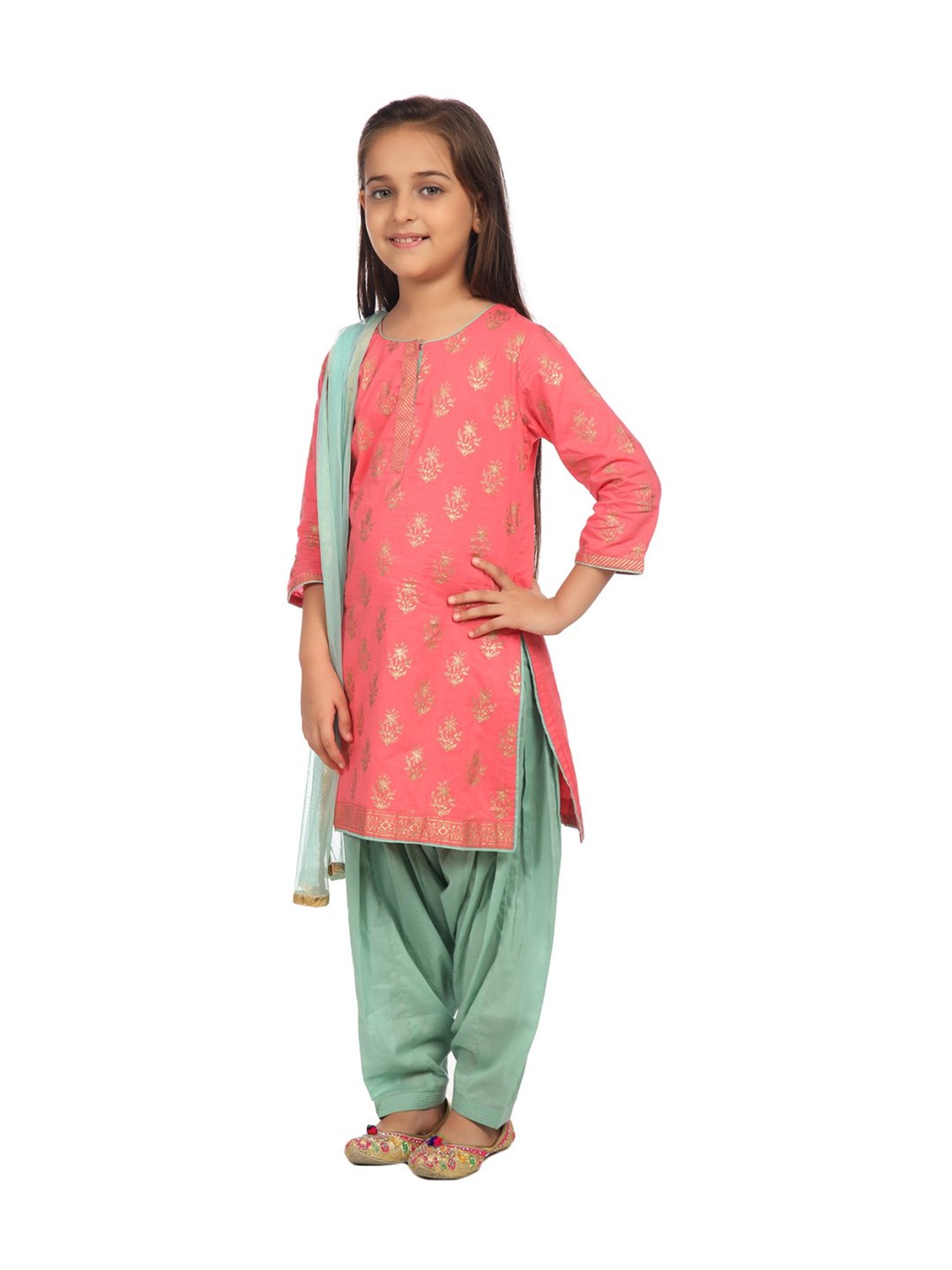 BIBA Girls Pink Cotton Printed Kurta & Salwar With Dupatta