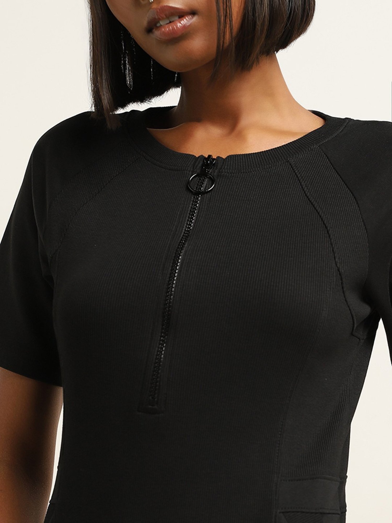 Studiofit by Westside Black Ribbed Bodycon Cotton Blend Dress