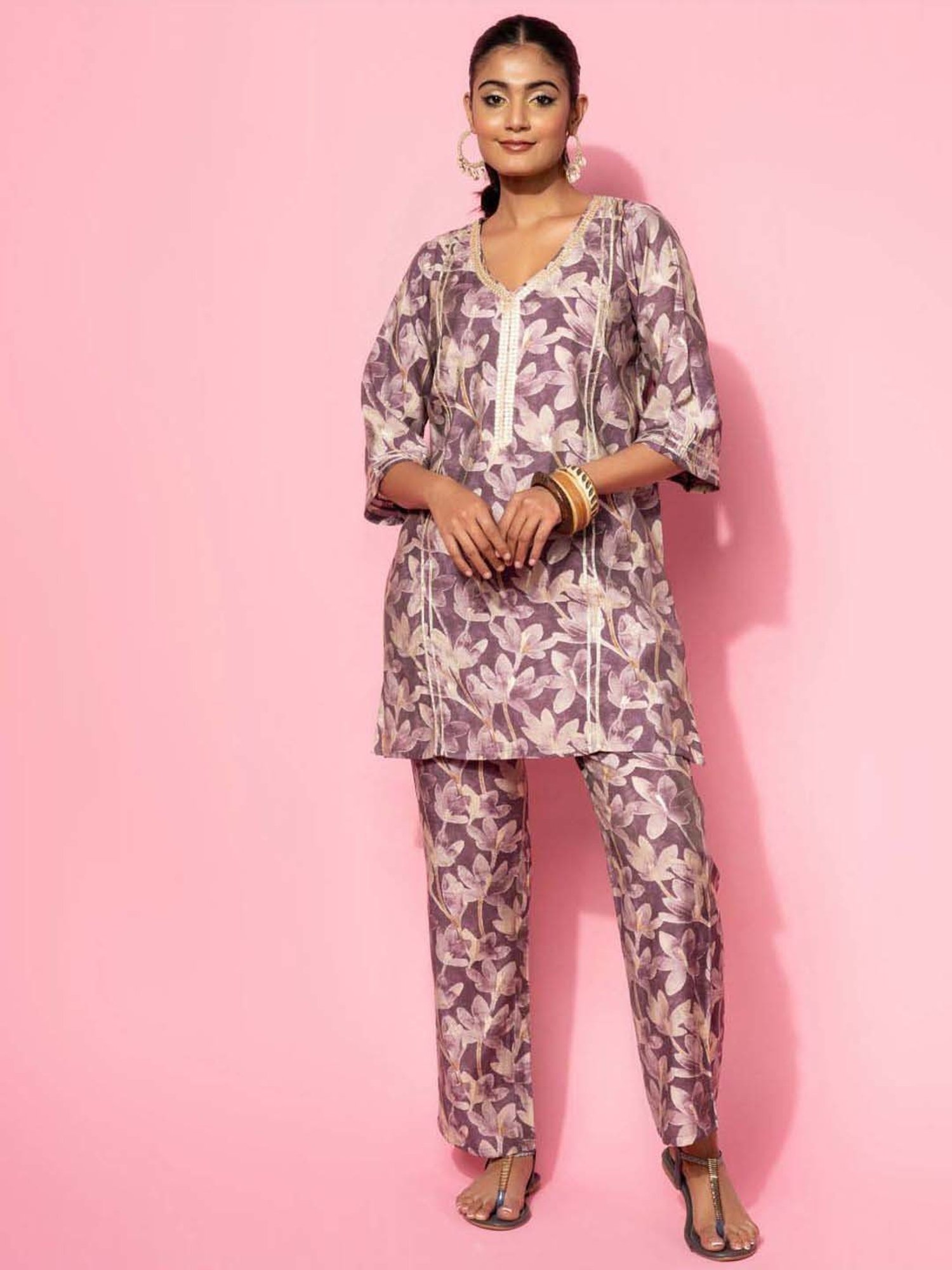 Libas Purple Printed Silk Blend Co-Ords